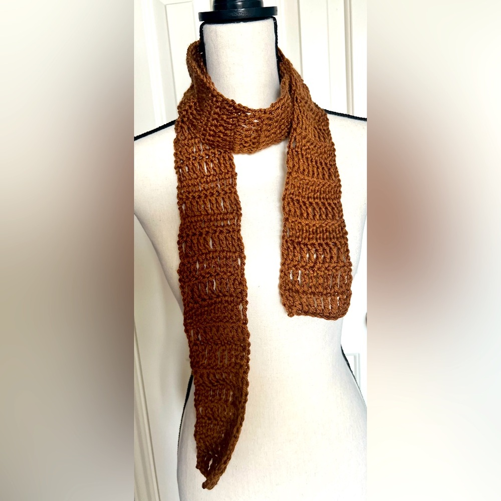 Skinny crochet brown scarf, Brown scarf, Knit scarf, Handmade scarf